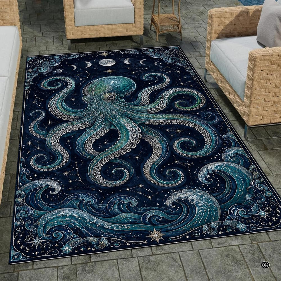Kraken Celestial Sea Area Rug featuring vintage octopus tentacles and moon phases in dark navy.