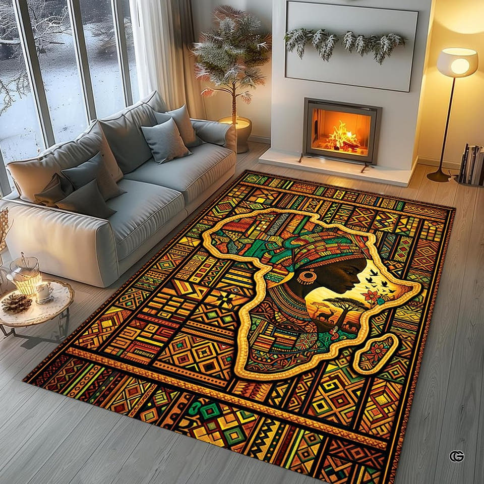 Afrocentric area rugs featuring African continent silhouette and tribal geometric borders in warm earthy tones.