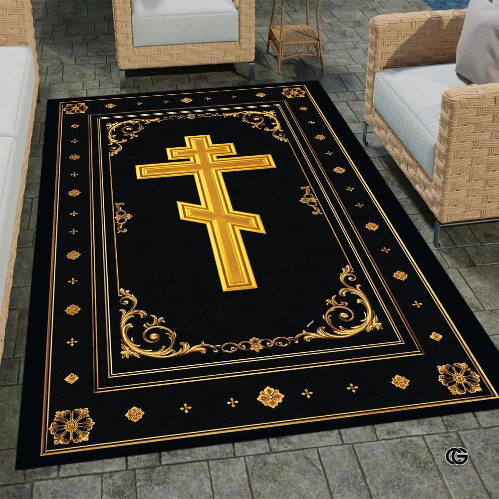 Personalized Orthodox Christian Area Rug, Custom Eastern Orthodox Russian Greek Byzantine Non-Slip Rug for Women Men, IC XC Nika Cross Mat for Living Room, Bedroom, Church Decor (D2)