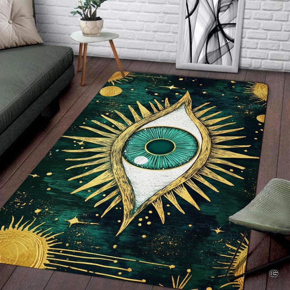 Living room setup with couch and white brick wall showcasing emerald green gold evil eye area rug