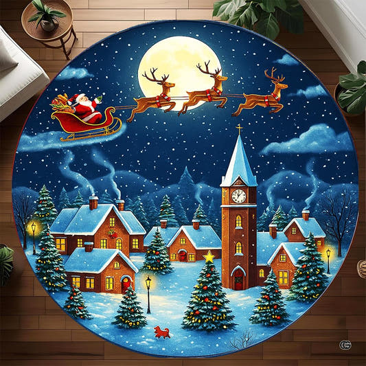 Top-down view of round area rug featuring Santa flying across a full moon above a snowy village and clock tower.