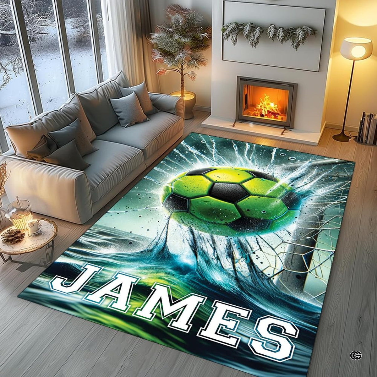 Vibrant lime-green soccer ball net graphic showcased on an artistic sports-themed area rug. - image 5 of 8