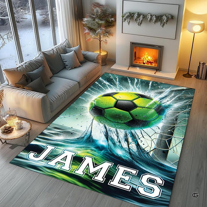 Vibrant lime-green soccer ball net graphic showcased on an artistic sports-themed area rug. - thumbnail image 5 of 8