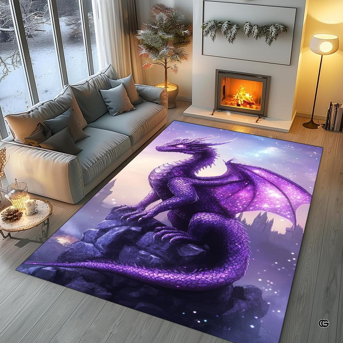 Close view of misty castle silhouettes and starry violet sky printed on area rug.