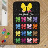 Pencil bow classroom decor area rug featuring colorful crayon bows on chalkboard background.