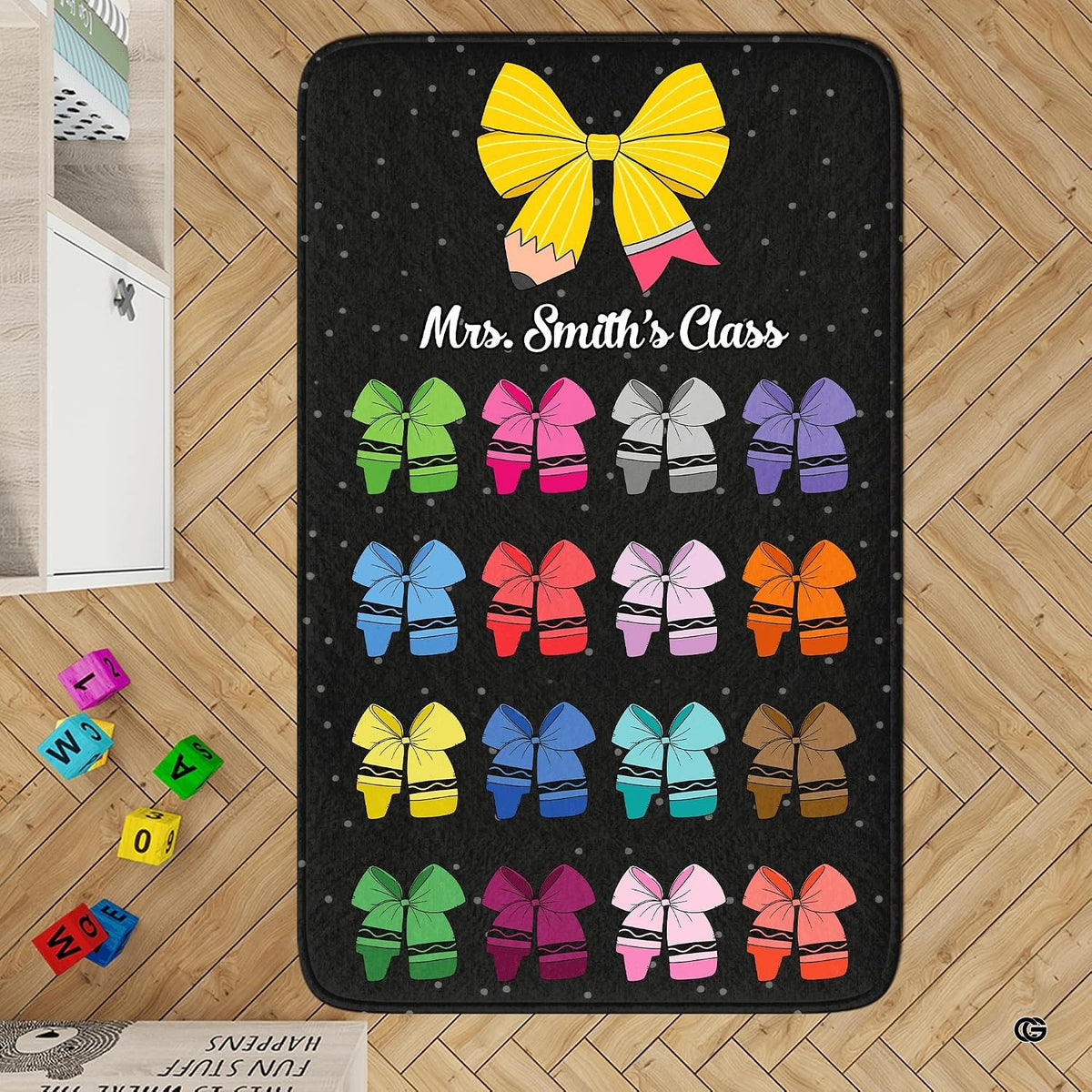 Pencil bow classroom decor area rug featuring colorful crayon bows on chalkboard background. - image 1 of 7