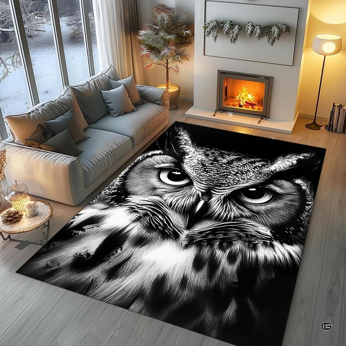 Nocturnal horned owl wildlife area rug styled in modern patio seating setup
