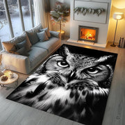 Nocturnal horned owl wildlife area rug styled in modern patio seating setup - thumbnail image 5 of 8