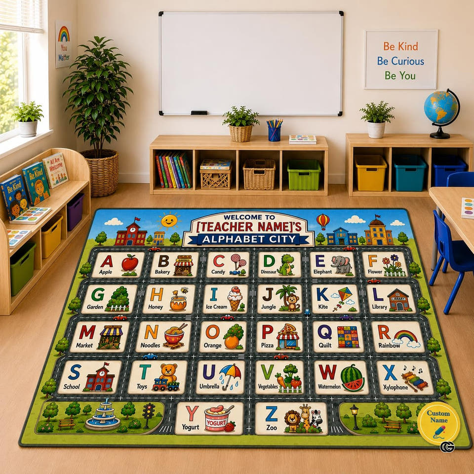 Educational alphabet road map area rug showing letter tiles and illustrated town street grid.