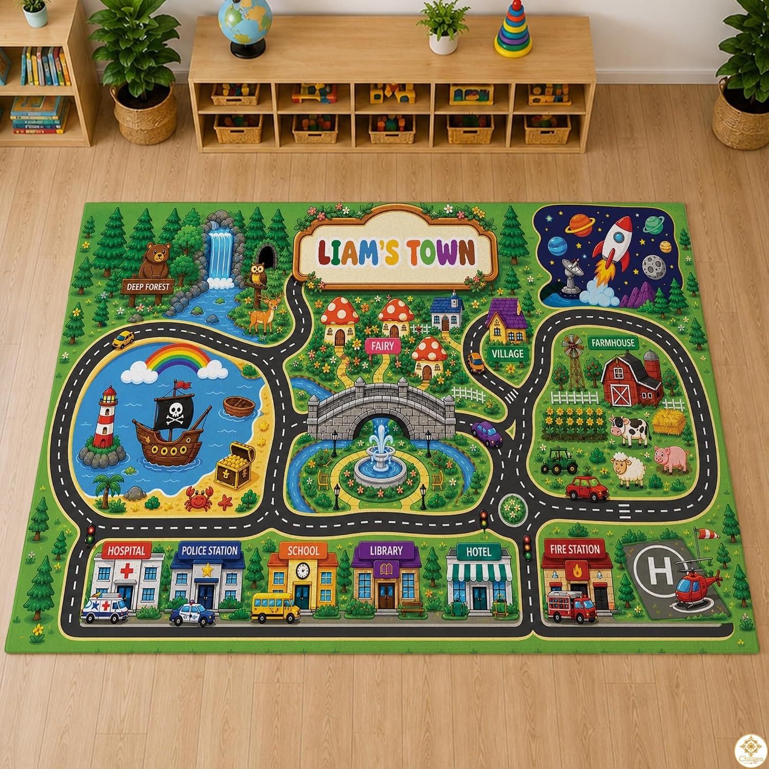Custom Road Map Area Rug with Personalized City Street and Car Play Mat