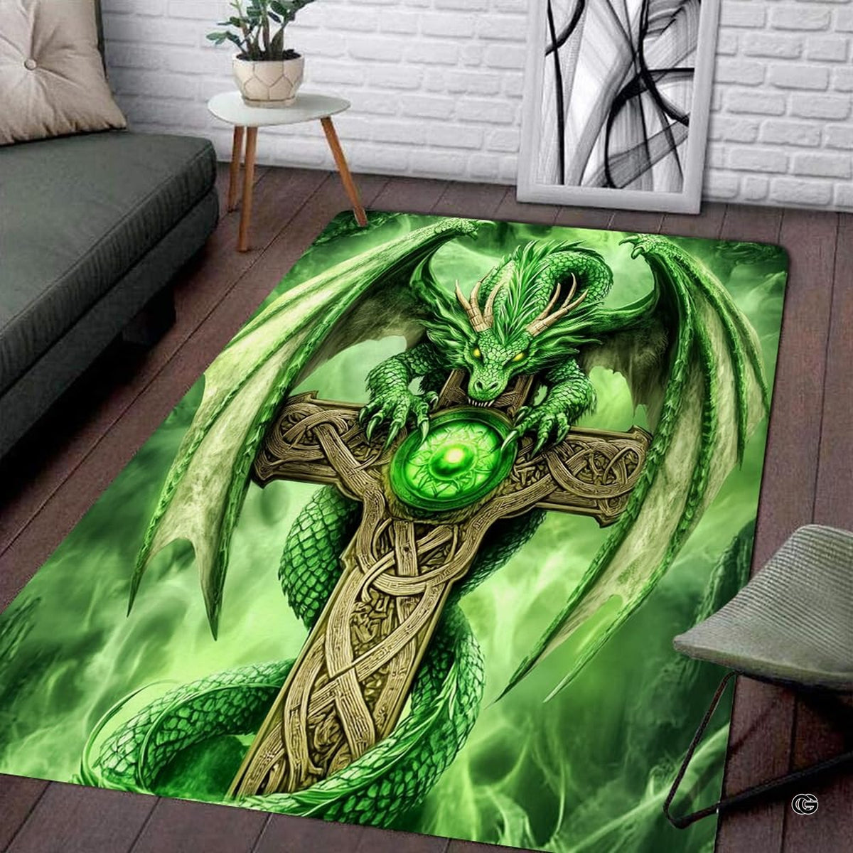 Close view of glowing green crystal orb and detailed dragon scales on Celtic cross rug motif. - image 2 of 8