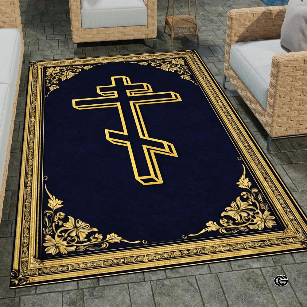 Personalized Orthodox Christian Area Rug, Custom Eastern Orthodox Russian Greek Byzantine Non-Slip Rug for Women Men, IC XC Nika Cross Mat for Living Room, Bedroom, Church Decor (D1)