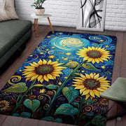Overhead layout view of the rectangular celestial sunflowers starry night floral area rug - thumbnail image 7 of 8