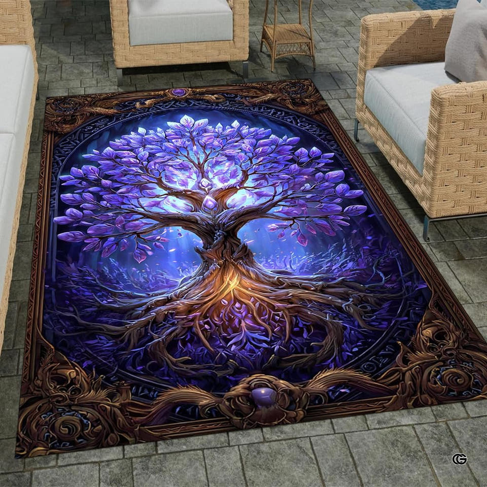 Patio stone lounge with wicker seating displaying the amethyst crystal Tree of Life area rug