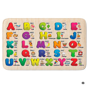 Alphabet educational play materials area rug styling a bright modern kids playroom beside wooden toy shelves. - thumbnail image 2 of 8