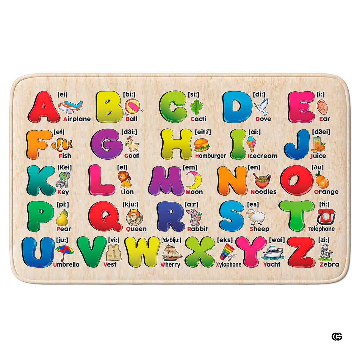Alphabet educational play materials area rug styling a bright modern kids playroom beside wooden toy shelves. - image 2 of 8