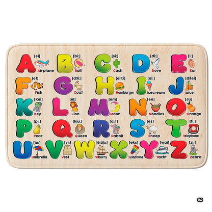 Alphabet educational play materials area rug styling a bright modern kids playroom beside wooden toy shelves. - thumbnail image 2 of 8