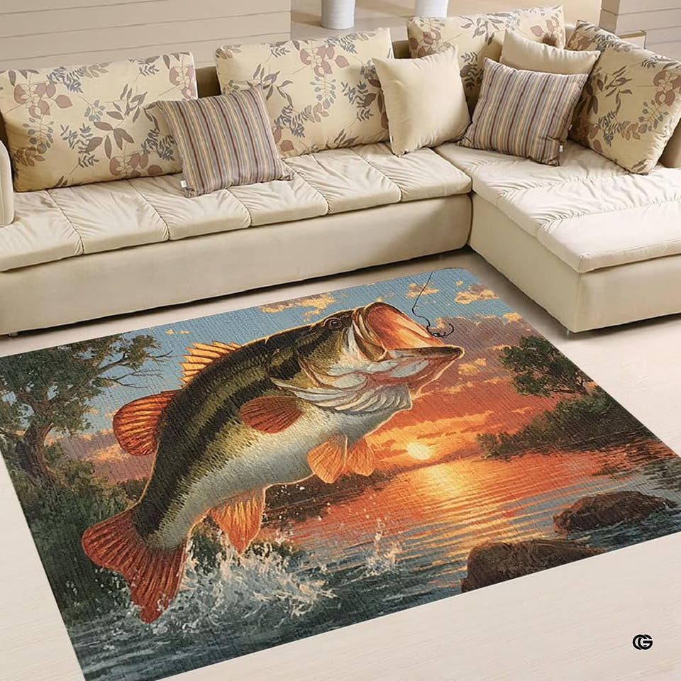 Leaping largemouth bass sunset lake fishing area rug in living room setting with sectional couch