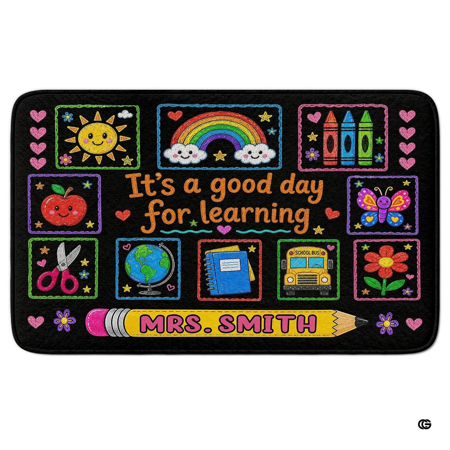 Personalized Teacher Classroom Rug, Custom Back to School Welcome Mat with Name, Kindergarten Preschool Elementary Decor, Composition Notebook Carpet (A05)