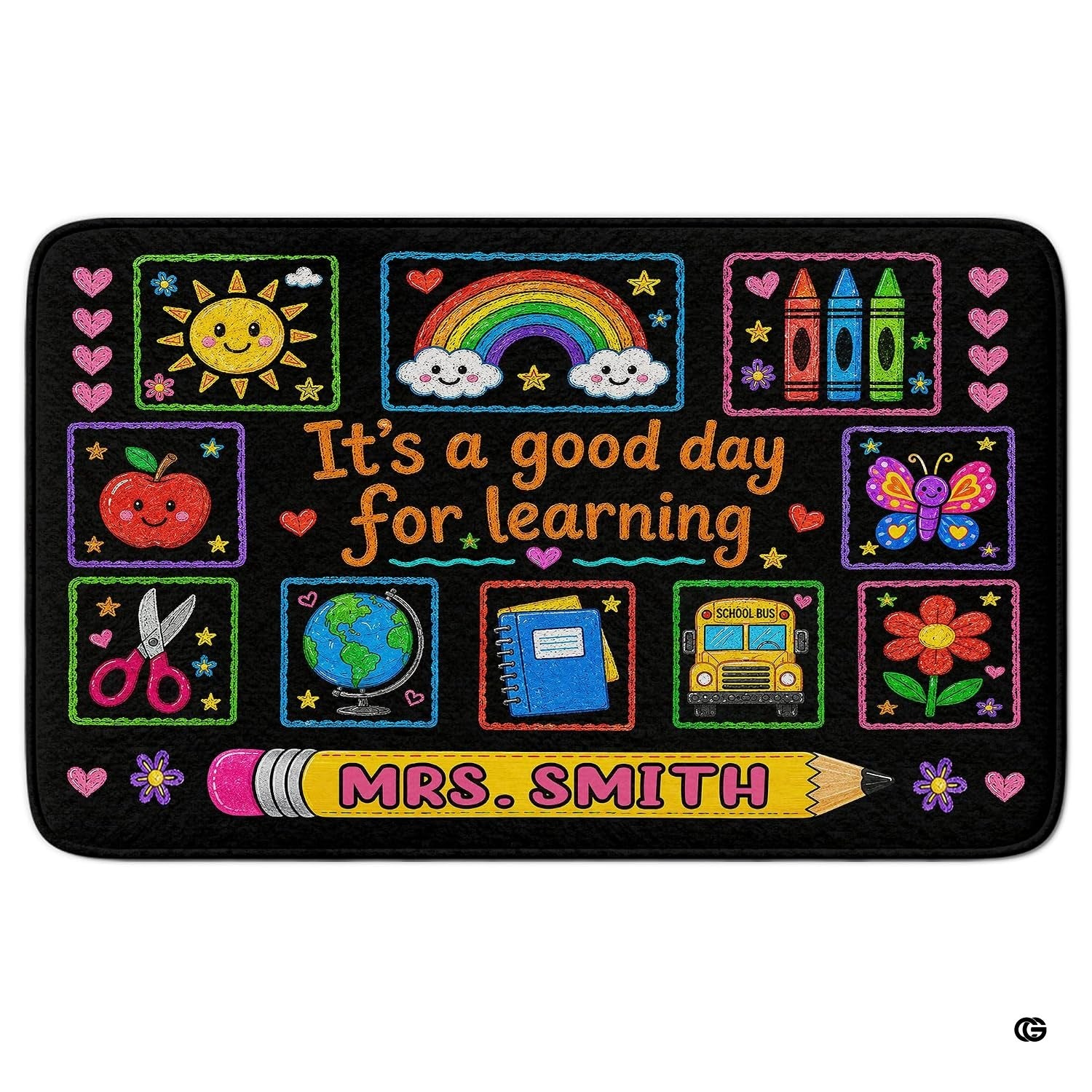 Personalized Teacher Classroom Rug, Custom Back to School Welcome Mat with Name, Kindergarten Preschool Elementary Decor, Composition Notebook Carpet (A05)