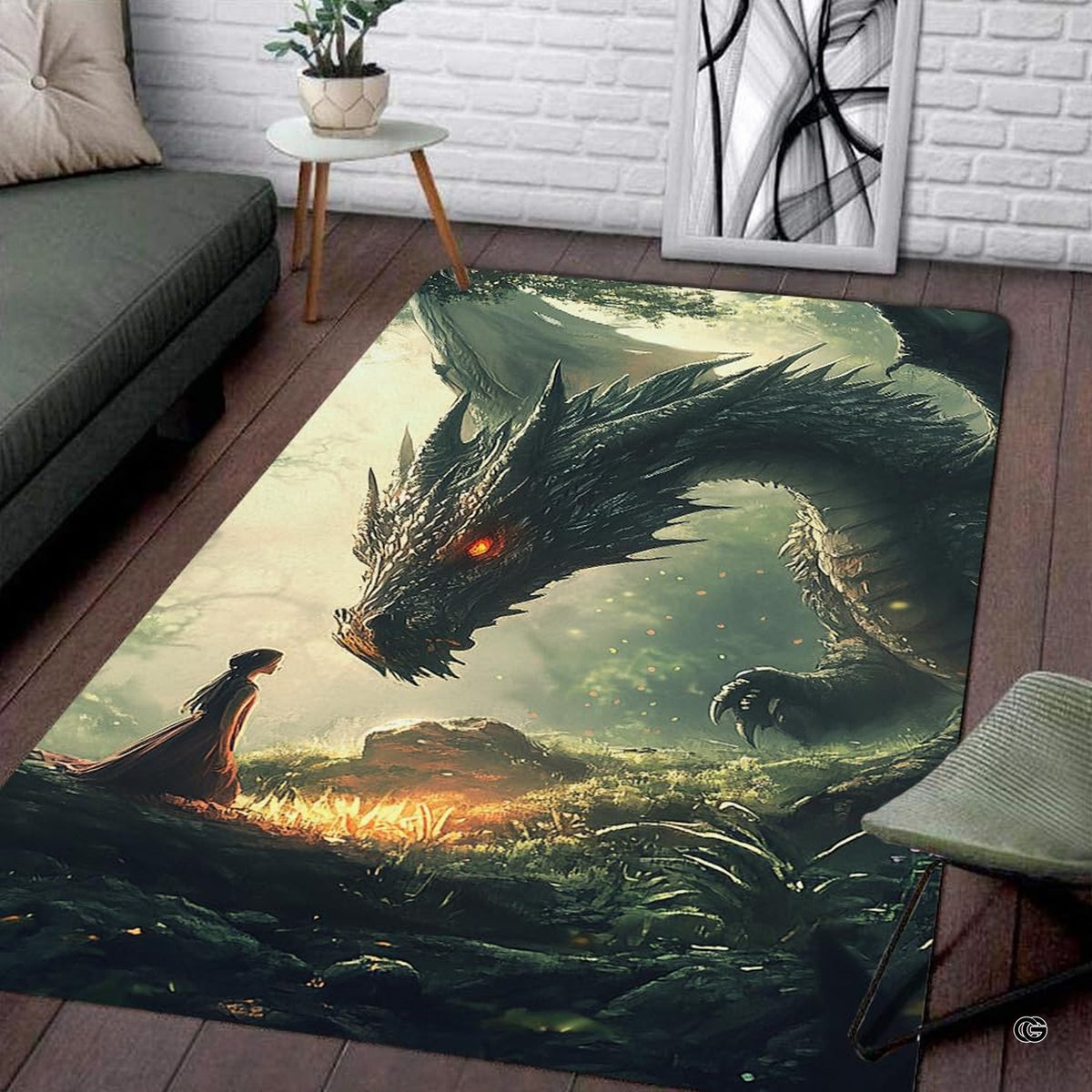 Dark dragon and woman at campfire area rug art styling a mythical creature bedroom retreat.