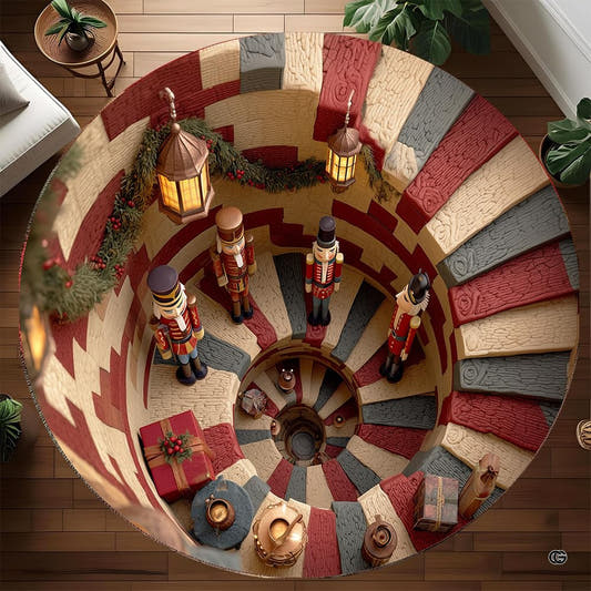 Round nutcracker rug with red cream and gray spiral staircase