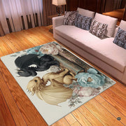 Cute golden and black baby dragons sitting on an antique leather book surrounded by soft pastel peonies area rug. - thumbnail image 4 of 5