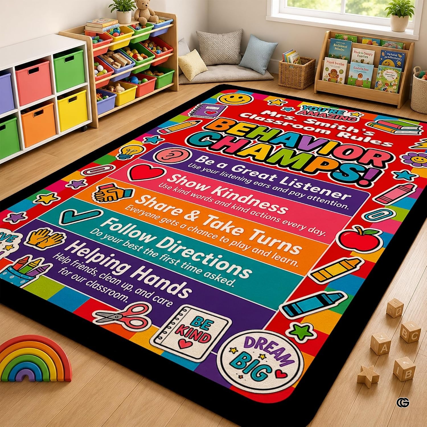 Personalized Teachers Classroom Rug, Custom Teacher Name Classroom Rules Area Rug, Feeling Chart Calming Corner Mat, Kindergarten Educational Back to School Class Decor (D6)
