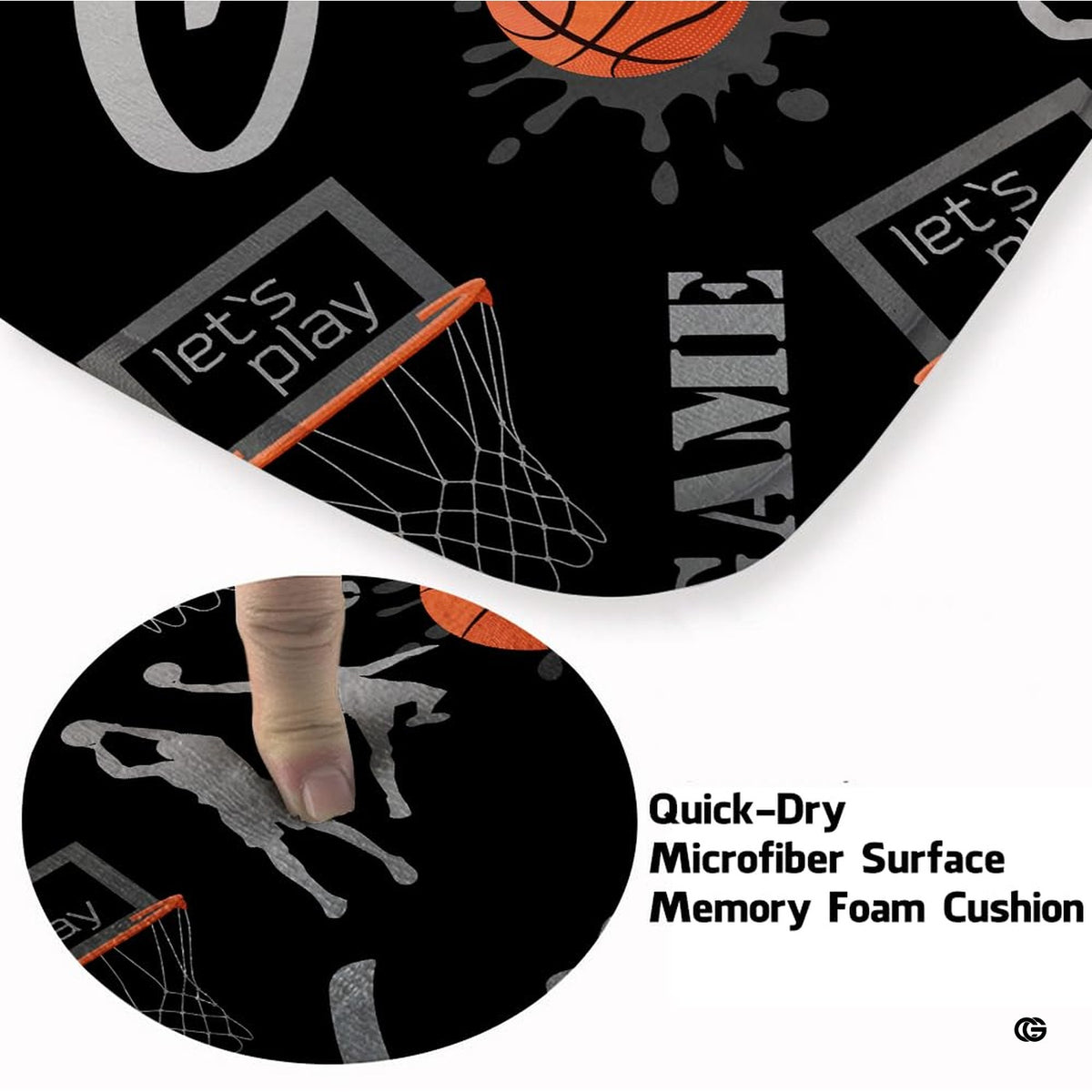 Overhead view of basketball sports area rug showcasing player silhouettes, backboard visuals, and vibrant accents.