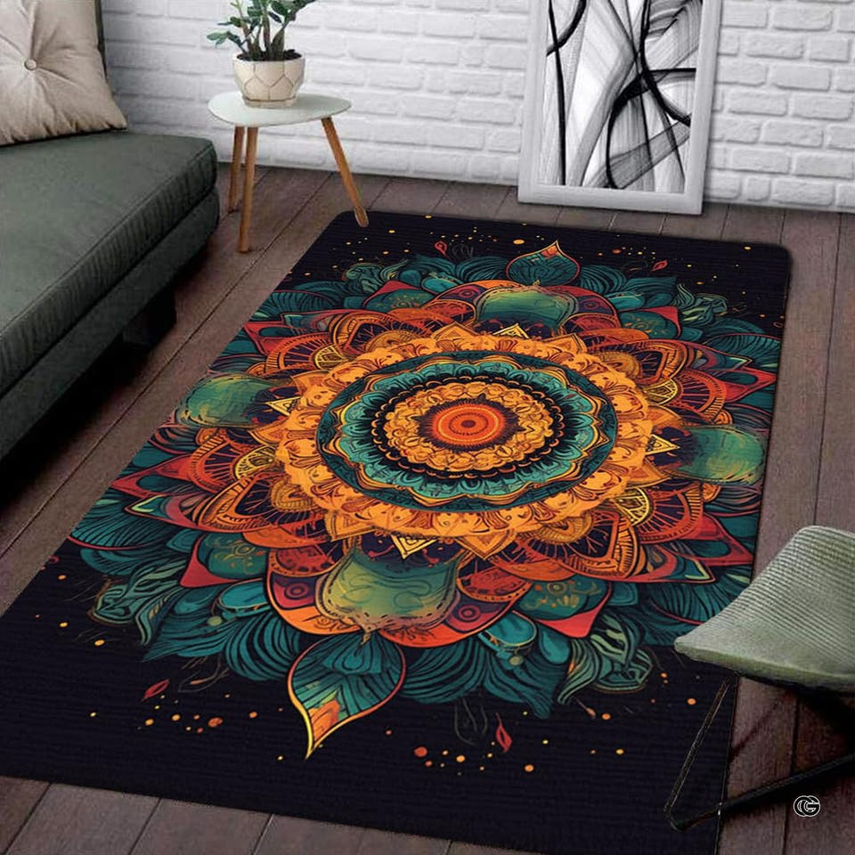 Rectangular area rug with large colorful bohemian mandala lotus motif on black ground