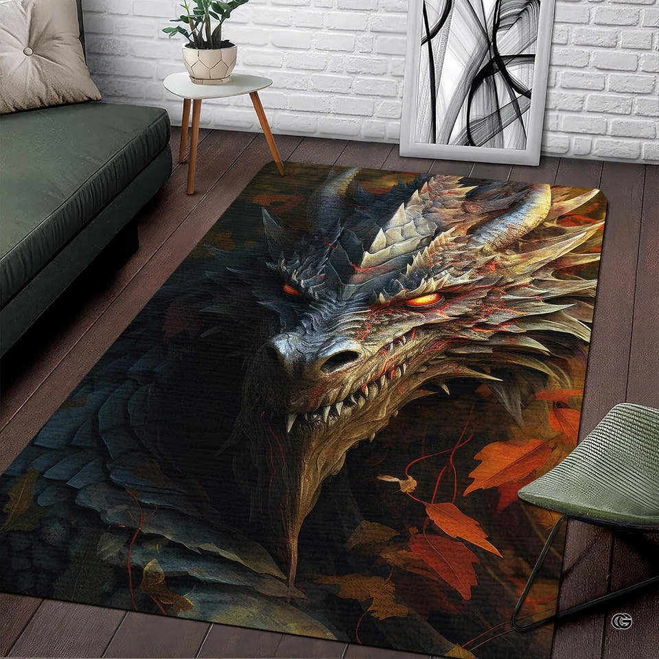 Fiery eyed horned dragon area rug displaying glowing gaze placed before a dark couch.