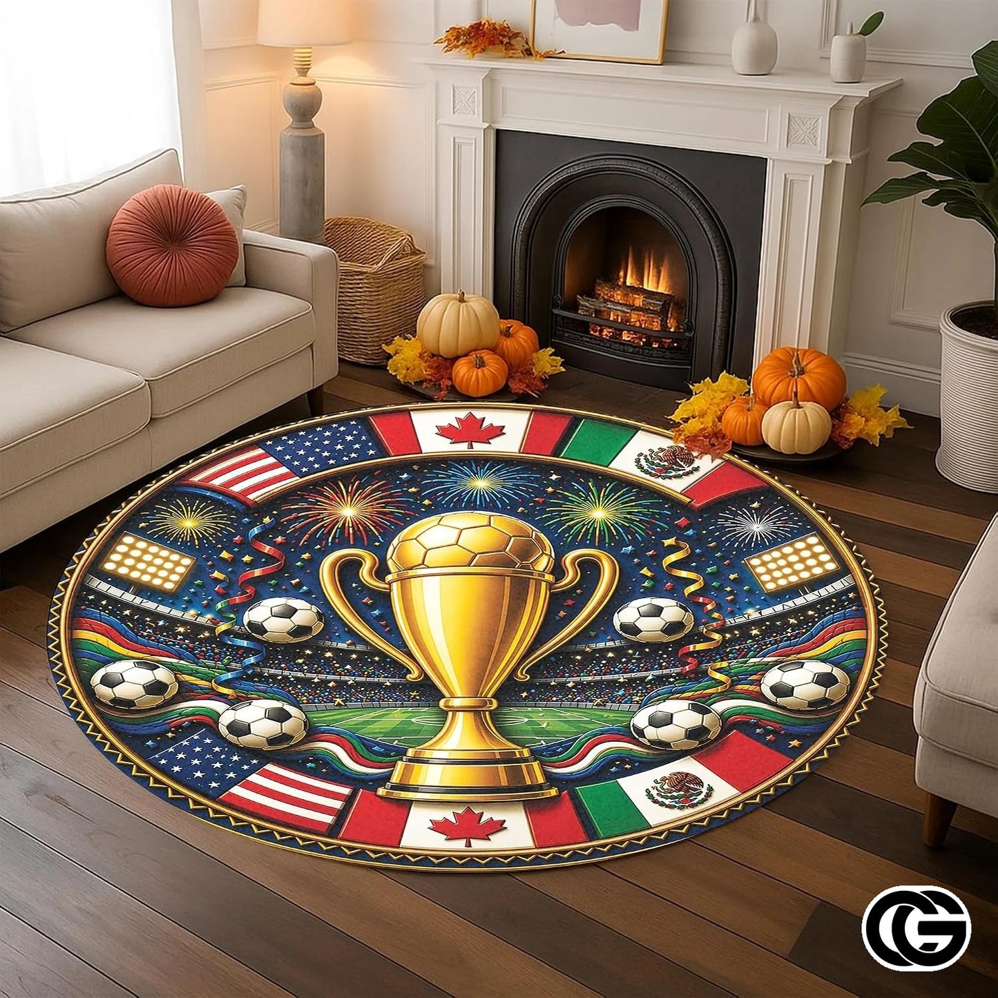 Custom Soccer Round Rug with Championship Trophy and World Flags - D7