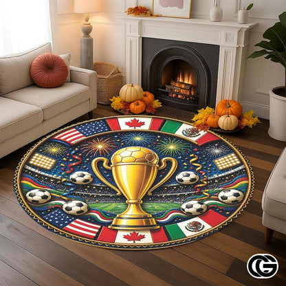 Custom Soccer Round Rug with Championship Trophy and World Flags - D7