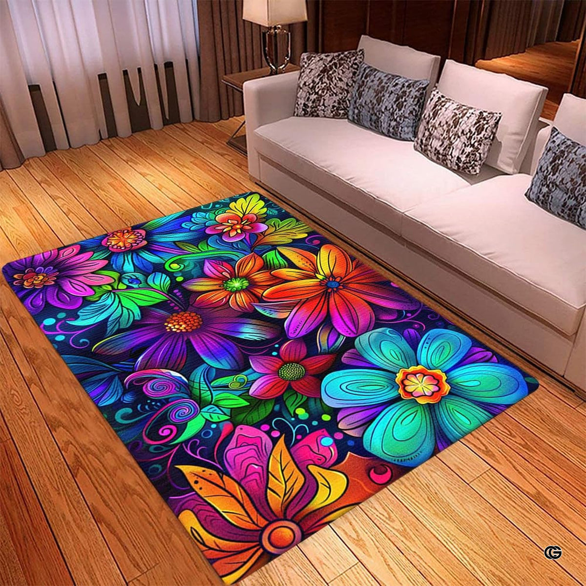 Soft low-pile microfiber surface texture on vibrant neon floral boho sports area rug