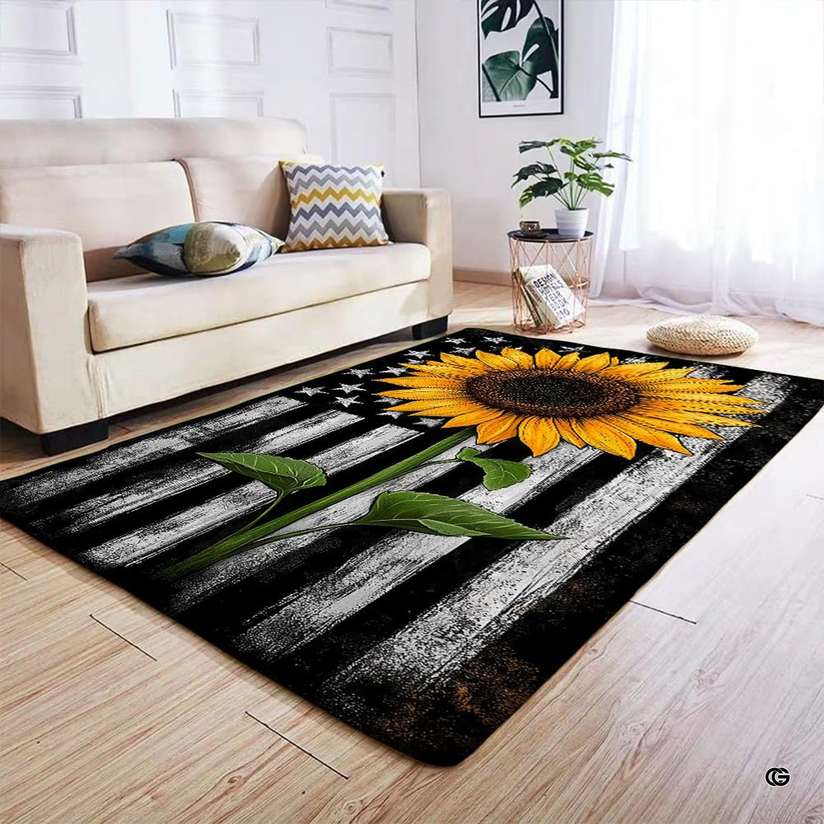 Anti-slip dot backing and hemmed edge stitching on rustic sunflower rug - image 4 of 7