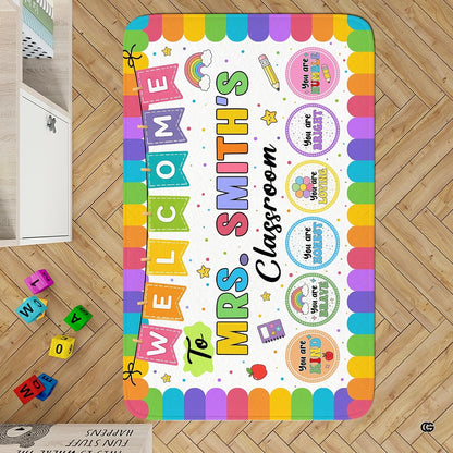 Personalized Teacher Classroom Rug, Custom Back to School Welcome Mat with Name, Kindergarten Preschool Elementary Decor, Composition Notebook Carpet (A03)