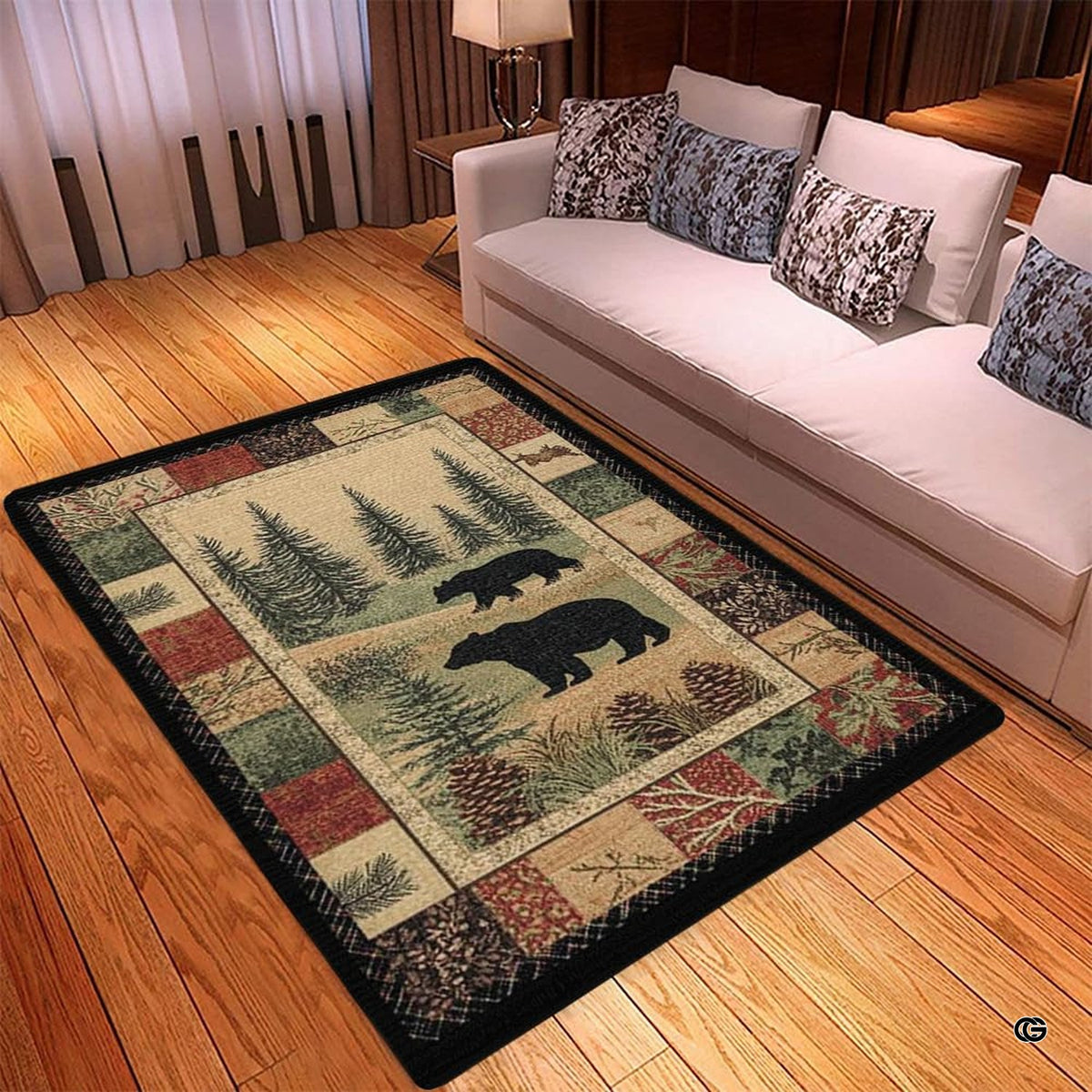 Close-up view of the soft microfiber surface, bear silhouettes, and pinecone details