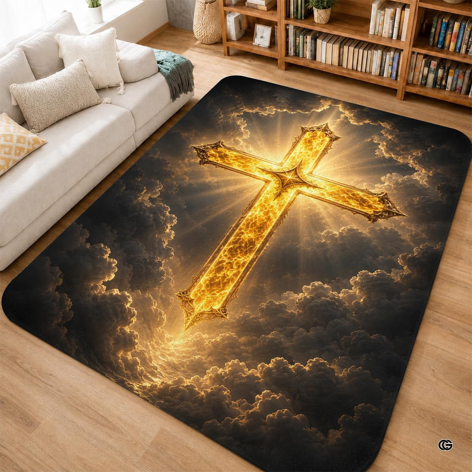 Golden christian cross area rug showing sacred crucifix emblem amidst thematic accent storm clouds