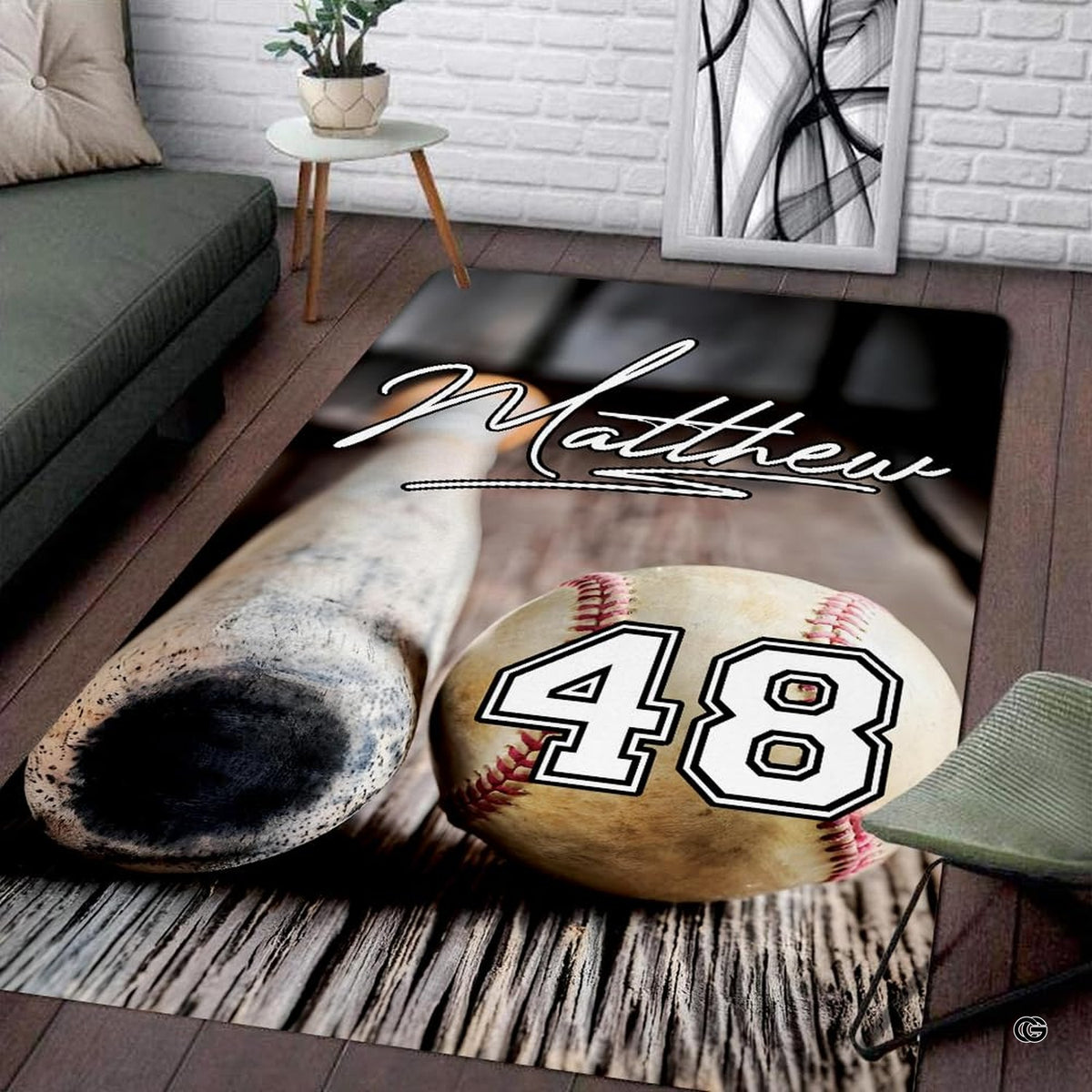 Vintage sports area rug featuring a worn wooden baseball bat barrel and red-stitched ball on weathered dark timber planks.