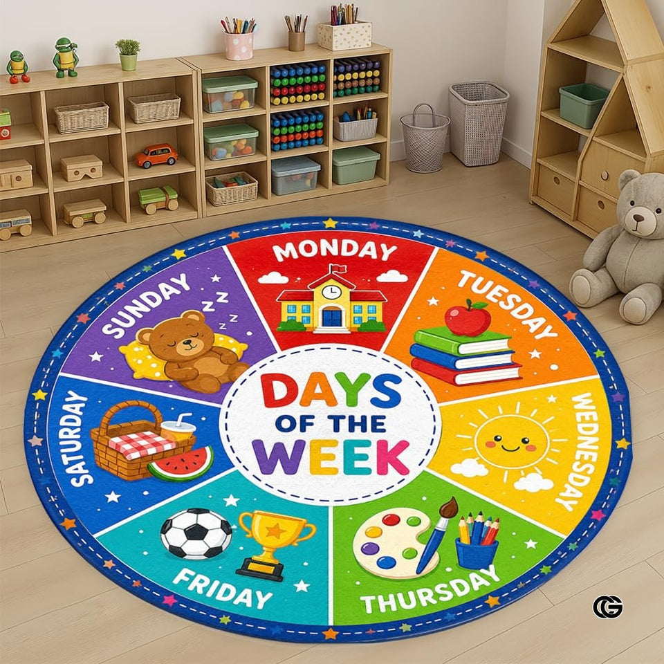 Wheel of Feelings and Emotions Round Rug, Educational Mental Health Rug for Classroom, Educational Animal Shape School Mat, Back to School Gift (Days of Week)