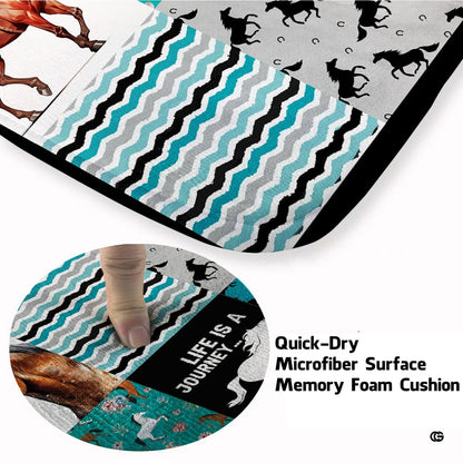 Ranch-style living room decorated with a turquoise and chestnut brown western equestrian patchwork area rug. - thumbnail image 3 of 7