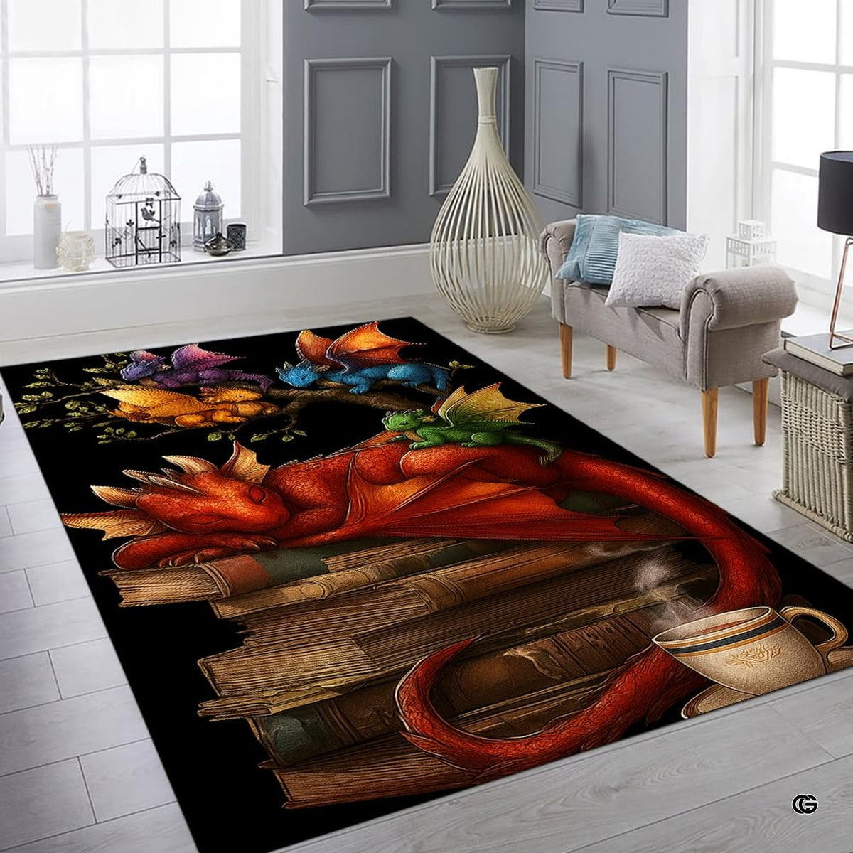 Cozy sleeping red dragon on vintage storybooks with teacup and baby dragons area rug.