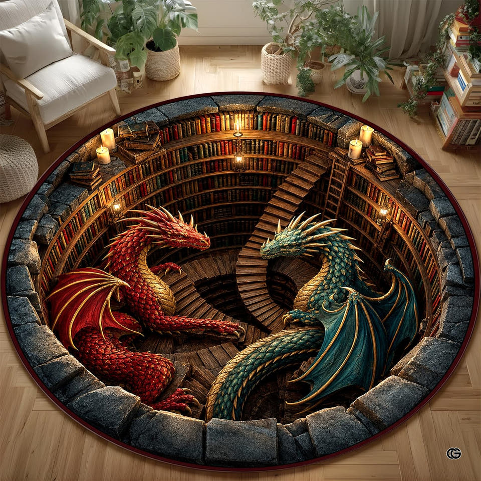 Round rug with red and teal dragons in a deep library