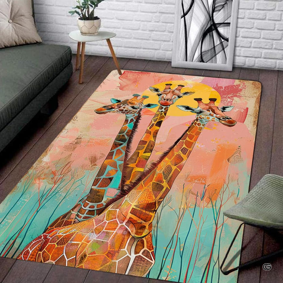 Modern living room setting displaying the colorful sunset giraffes area rug