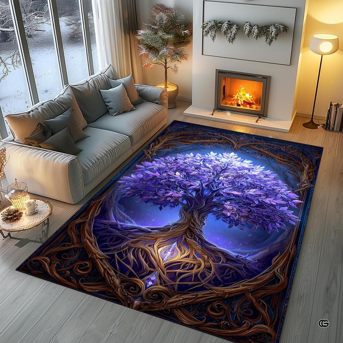 Overhead floor layout view of the glowing Celtic Tree of Life fantasy area rug - image 7 of 8