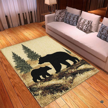Detailed view of evergreen foliage and bear silhouettes on a textured nature rug - thumbnail image 3 of 5