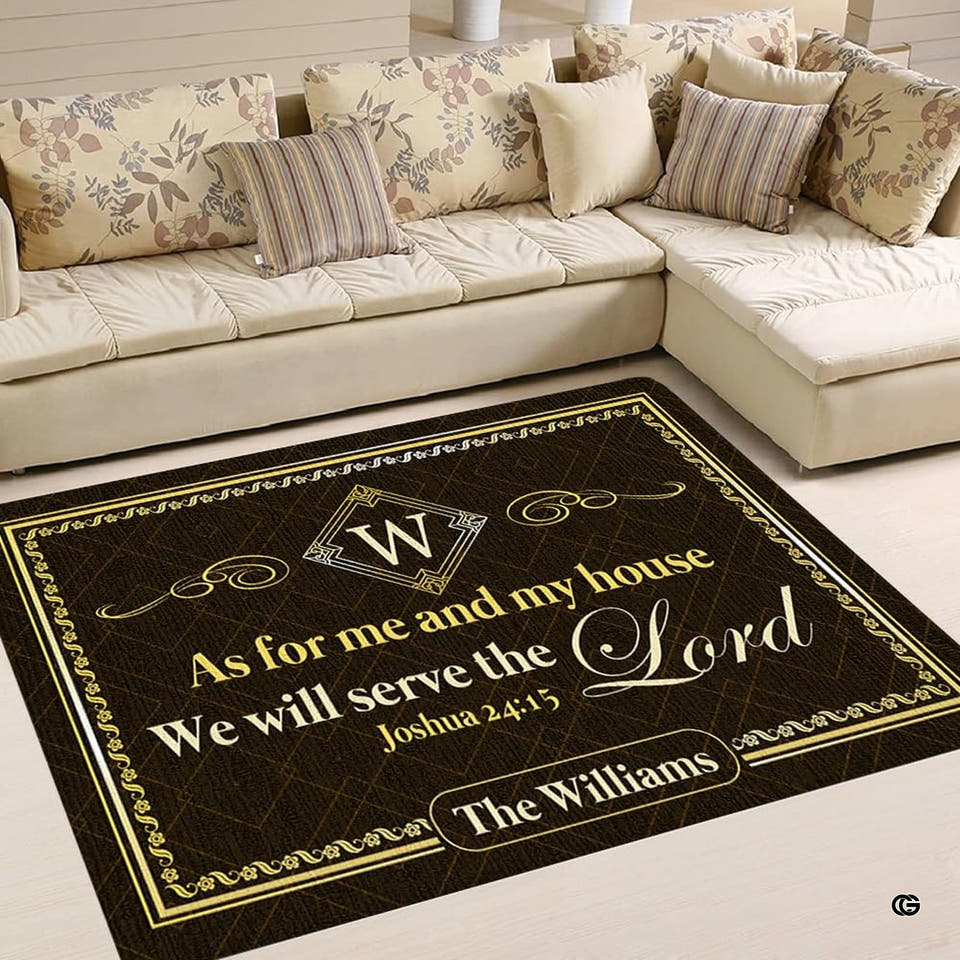 Monogram crest scripture brown lattice rectangular area rug in top overhead view