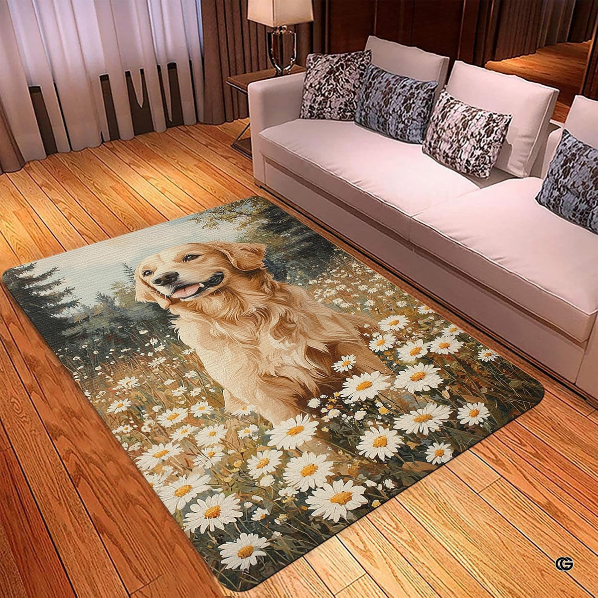 Spacious living room sectional couch setup displaying the golden retriever daisy field area rug - image 2 of 5