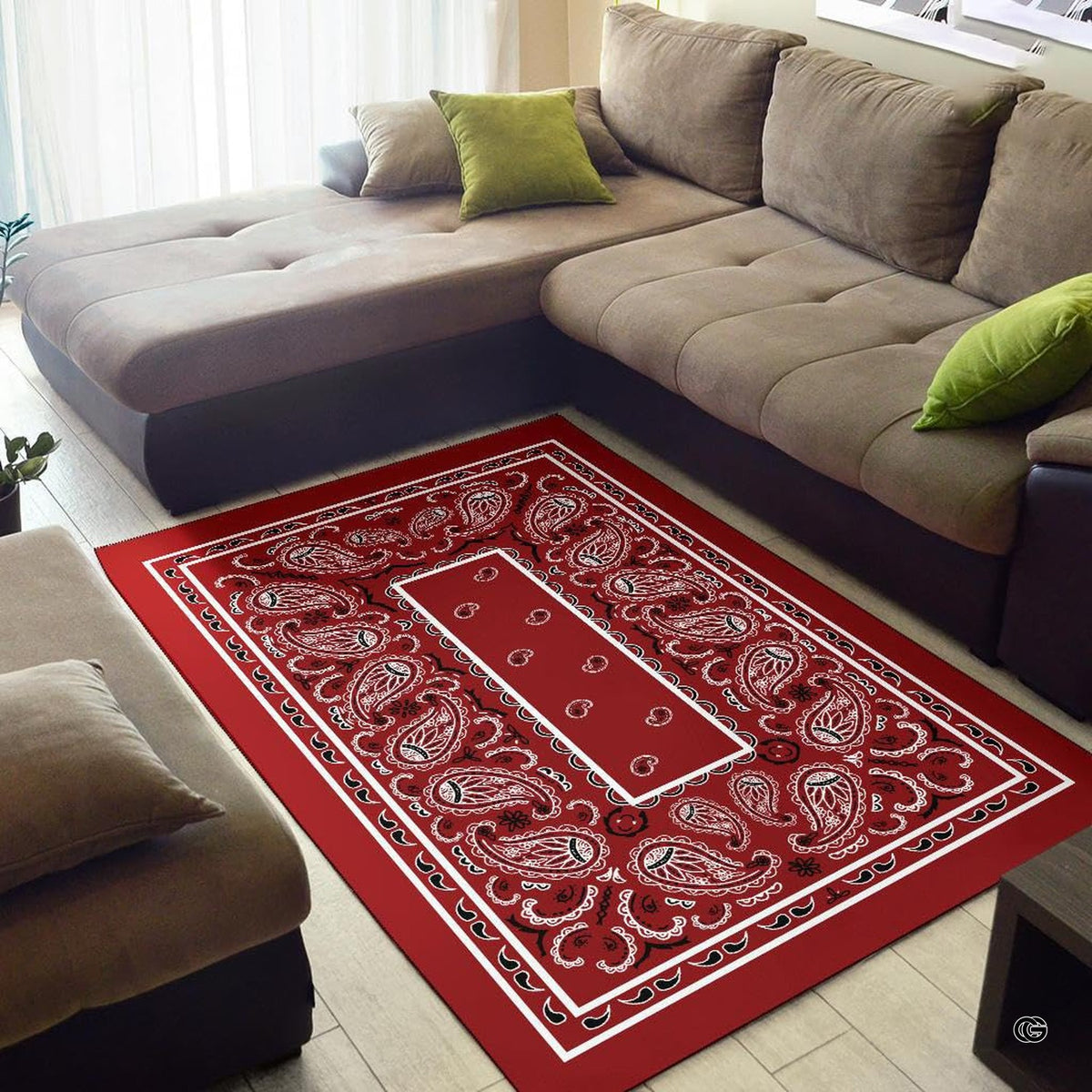 Detailed view of black and white ornate boteh flourishes on a red bandana background. - image 2 of 9