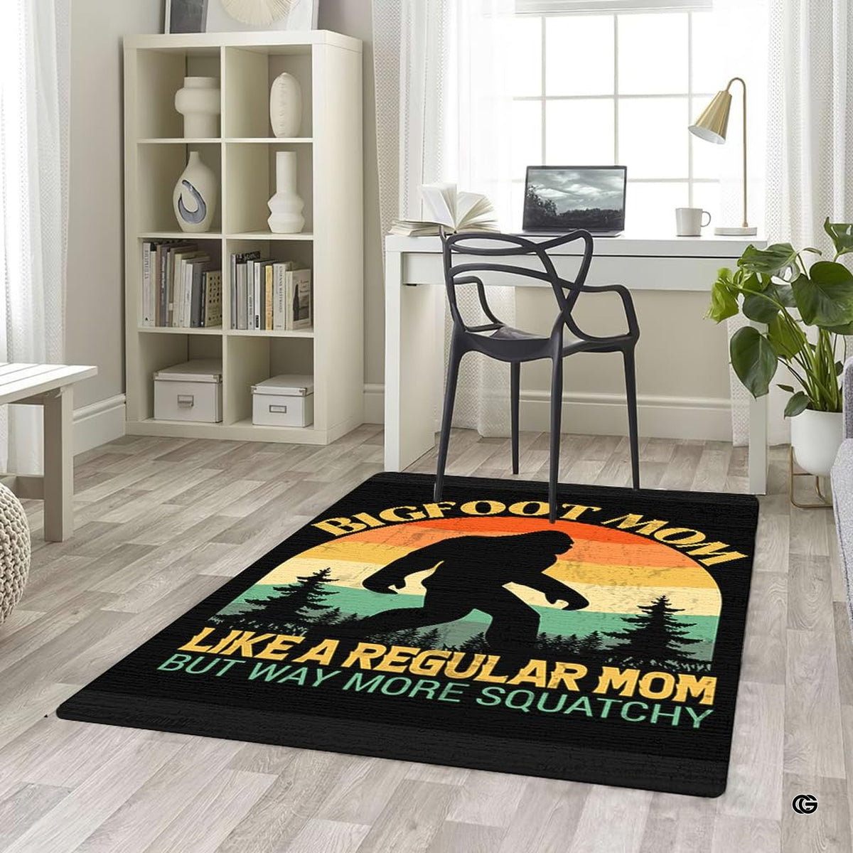 Home office desk setup with swivel chair placed over the retro bigfoot mom sunset area rug - image 5 of 5